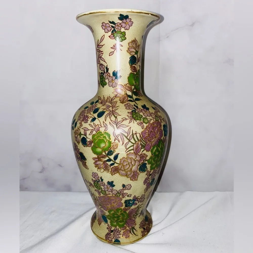 Vintage 12” Porcelain Zhong Guo Zhi Zao Vase Beautiful Colors V2